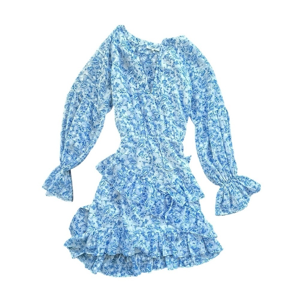 Tularosa Serafina Floral White Blue Long Sleeve Romantic Mini Dress‎ Size Small - Picture 4 of 12